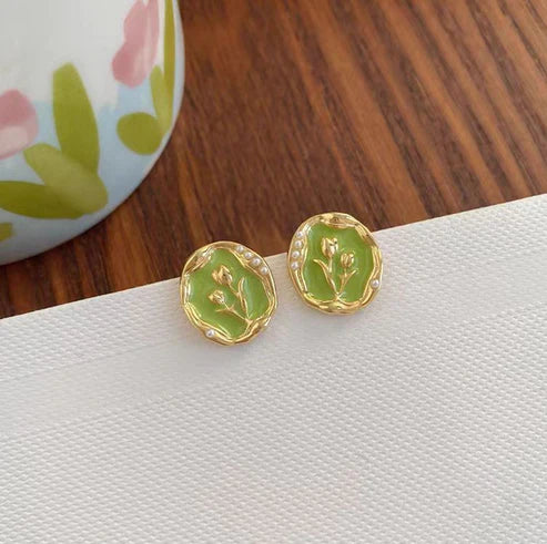 Gold Flower Green Round  - Earring