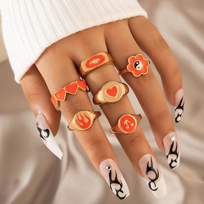 Neon Orange Enameled Gold - Rings Set