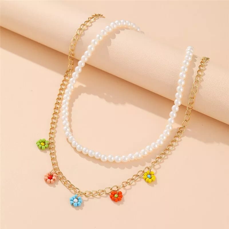 Layered Pearl & Multi Flower - Necklace