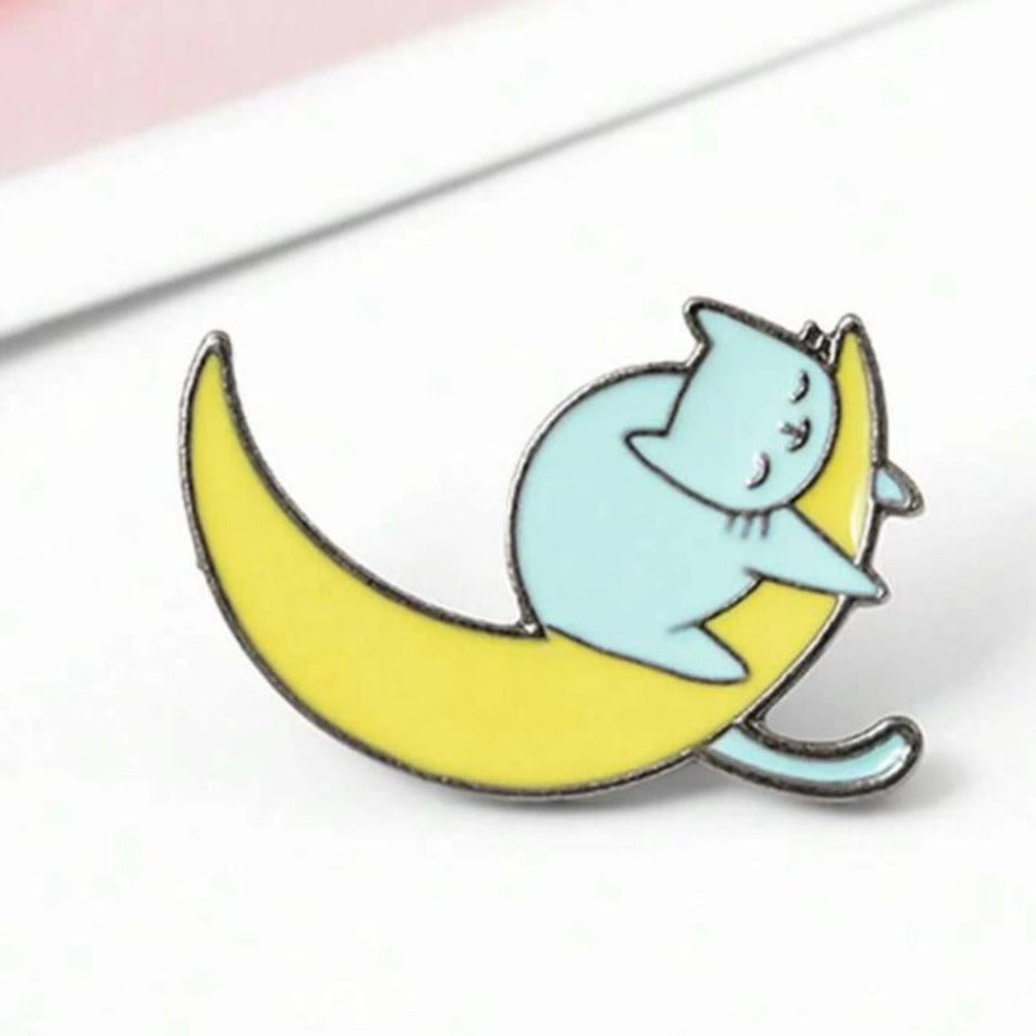 Sleepy Cat on Moon - Enamel Pin