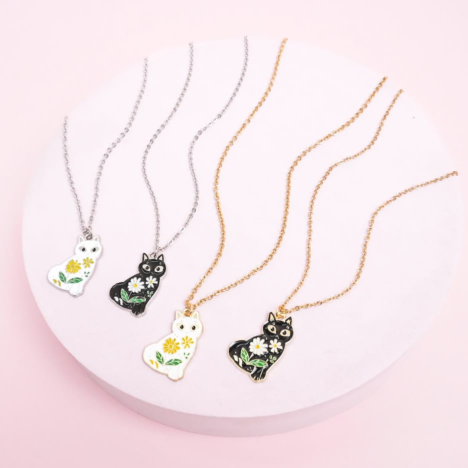 Stainless Chain Floral Cat - Necklace