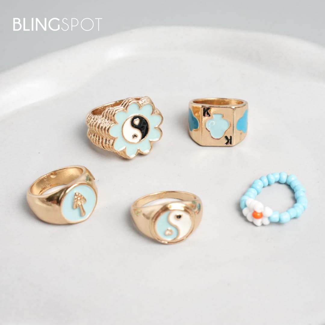 Blue Yin Yang Flower - Rings Set