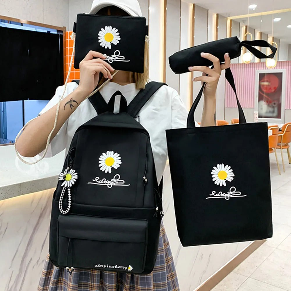 Daisy Flower Black Backpack Set Of 4