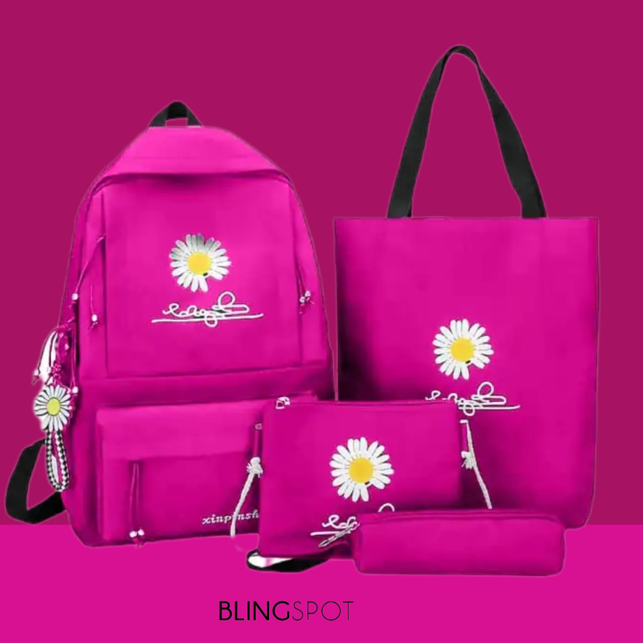 Pink Color Backpack Daisy Bright Pink Backpack Set Of 4 - The Blingspot Studio
