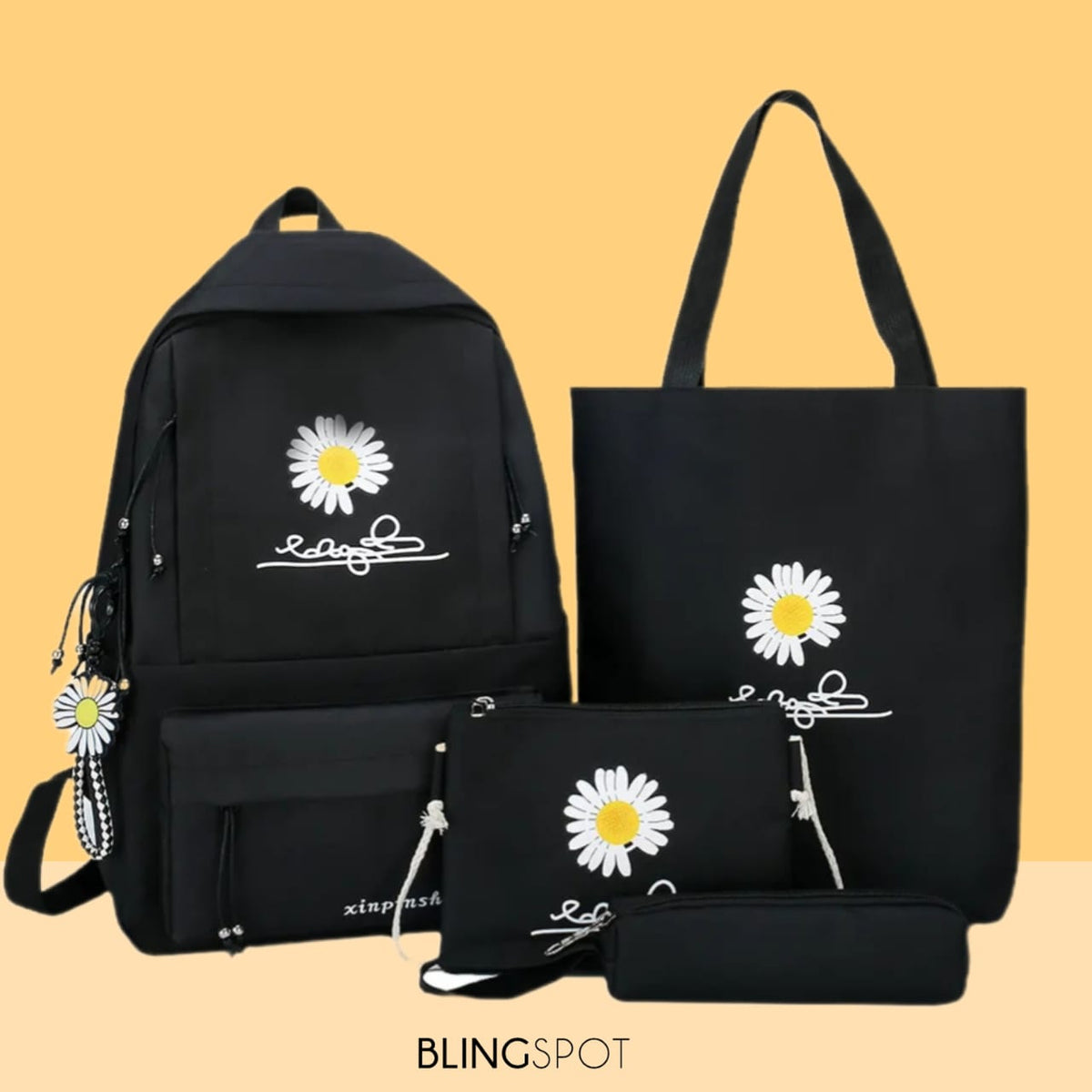 Daisy Flower Black Backpack Set Of 4