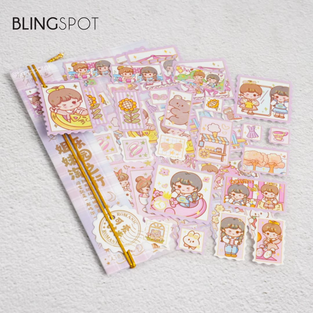 Cute Girl & Bear Foiled Stamp - Sticker