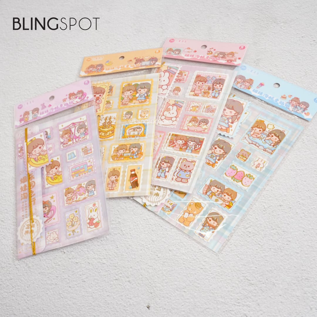 Cute Girl & Bear Foiled Stamp - Sticker