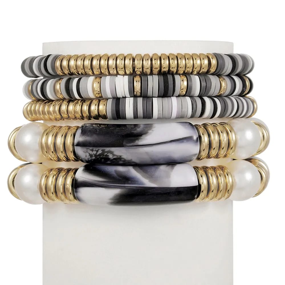 Marbled Beads &amp; Acrylic Bracelet Set Of 5