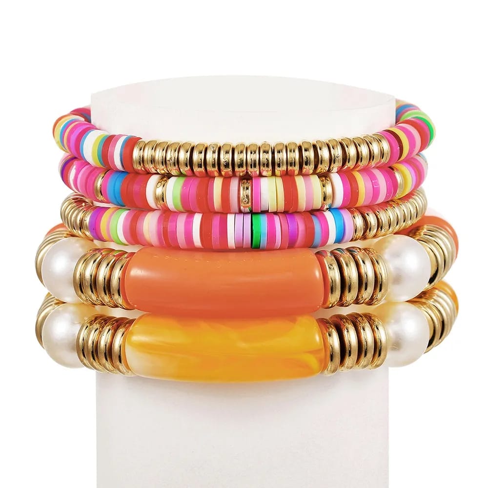 Orange Beads & Acrylic Bracelet Set Of 5