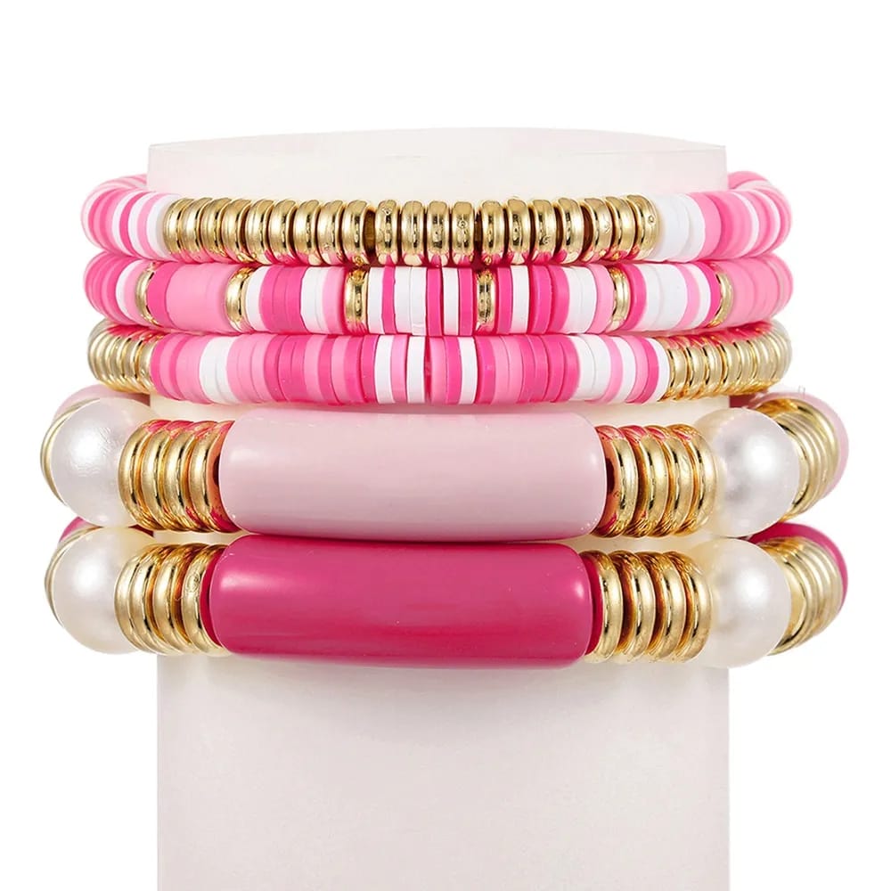 Pink Beads &amp; Acrylic Bracelet Set Of 5