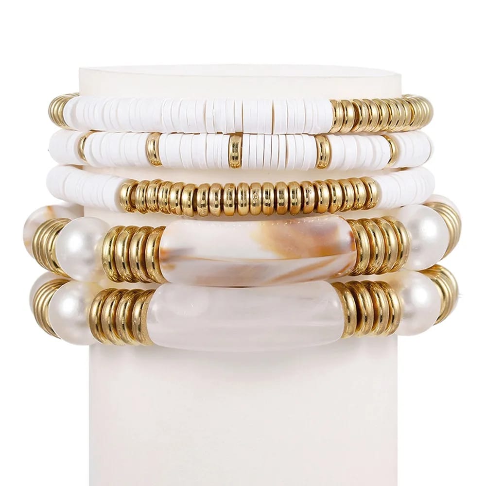 Whitei Beads & Acrylic Bracelet Set Of 5