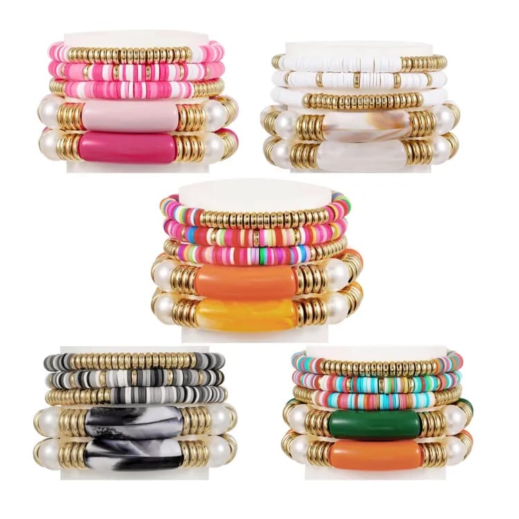 Whitei Beads &amp; Acrylic Bracelet Set Of 5