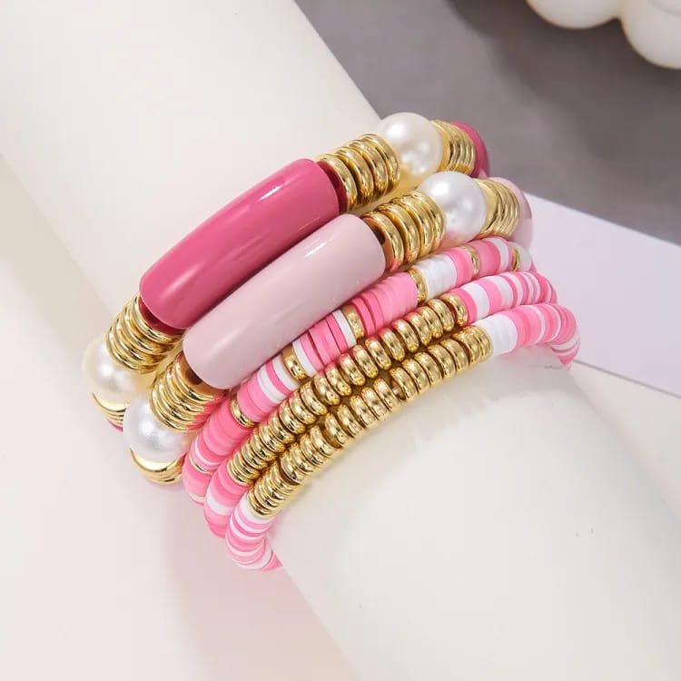 Pink Beads &amp; Acrylic Bracelet Set Of 5