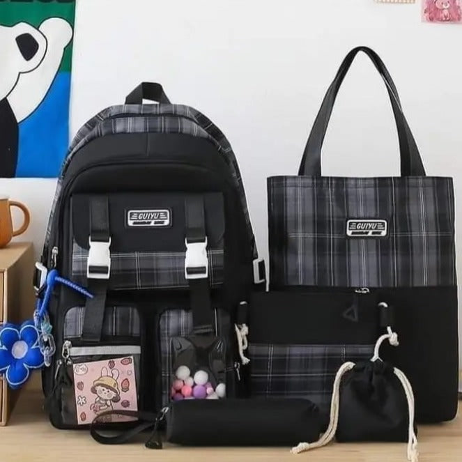 Grid Lined Black - Backpack Set Of 5