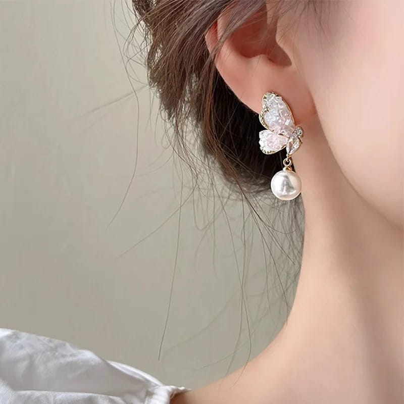 Pearly Crystal Butterfly  Pink - Earrings