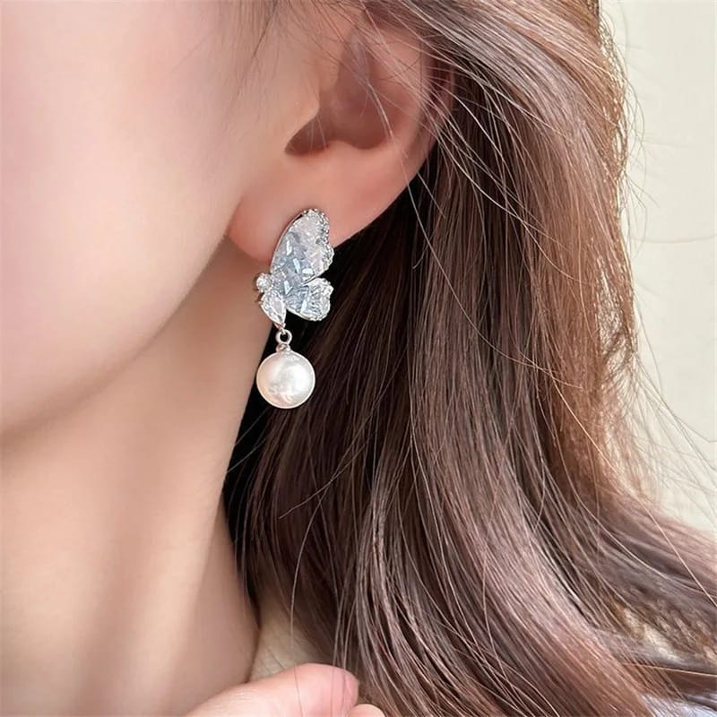 Pearly Crystal Butterfly  Blue - Earrings