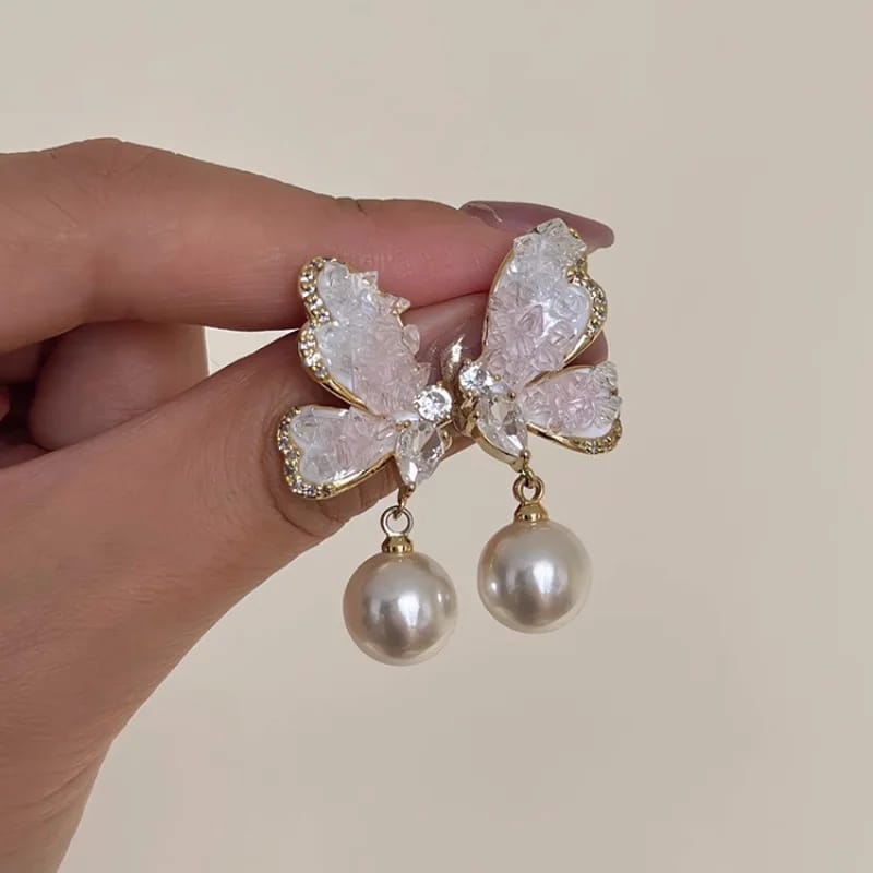 Pearly Crystal Butterfly  Pink - Earrings
