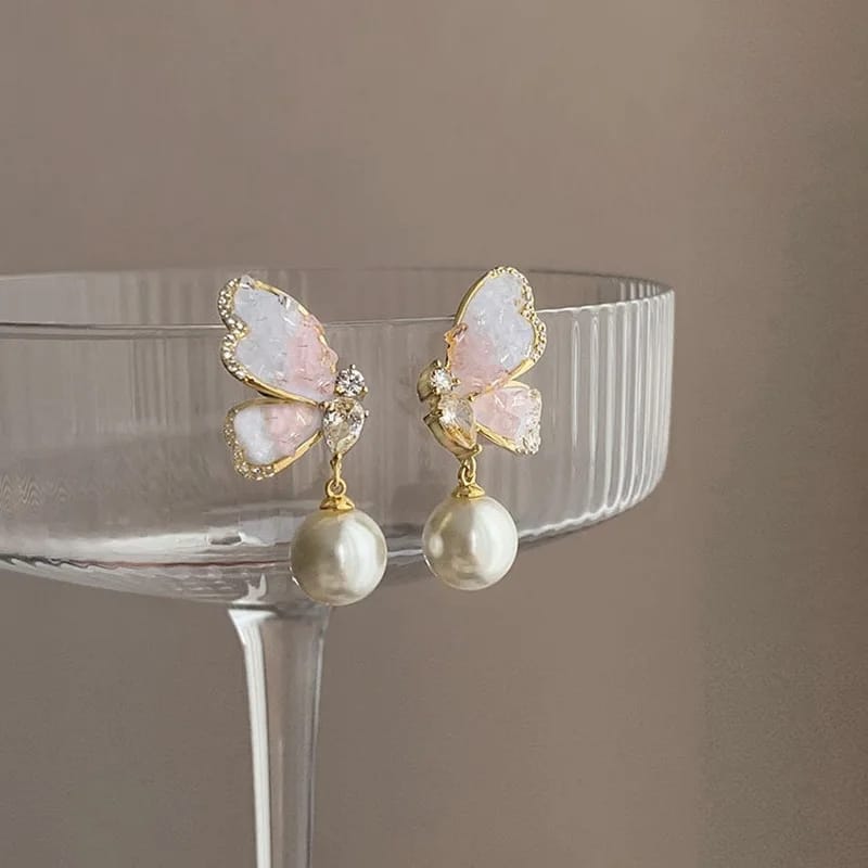 Pearly Crystal Butterfly  Pink - Earrings