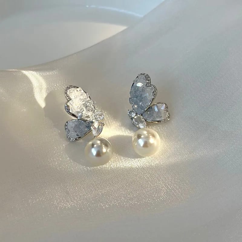 Pearly Crystal Butterfly  Blue - Earrings