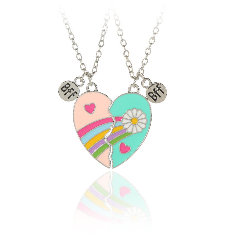 Rainbow Daisy Pink &amp; Blue Necklace  ( BFF ) Set of 2