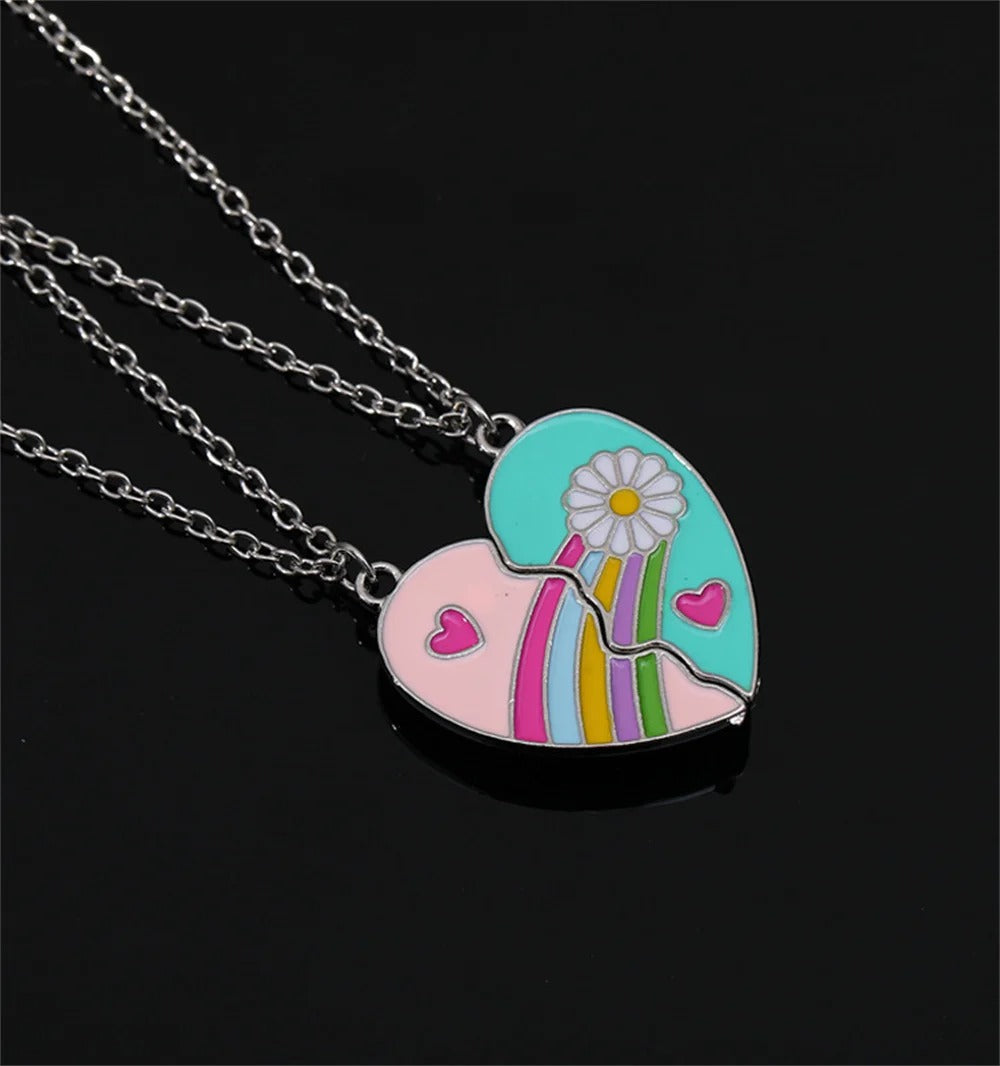 Rainbow Daisy Pink &amp; Blue Necklace  ( BFF ) Set of 2