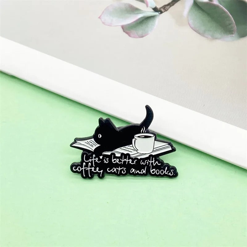 Life Is  Better With Coffee Cats & Books - Enamel Pin