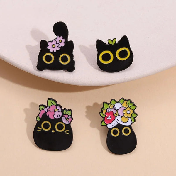 Floral Black Cat - Enamel Pin