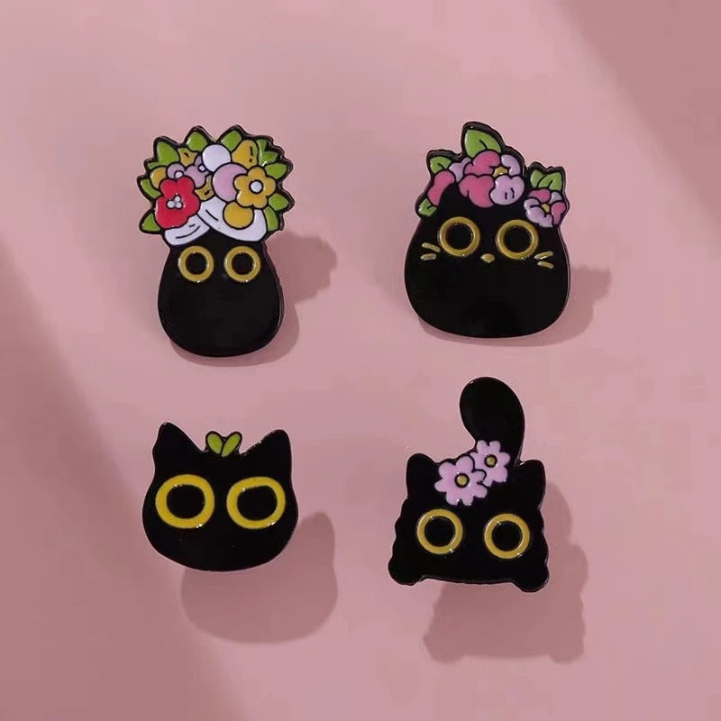 Floral Black Cat - Enamel Pin