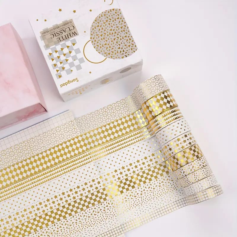 White Classic Gold Foiled - Washi Tape Set Of 10