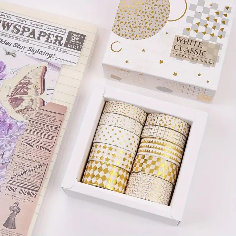 White Classic Gold Foiled - Washi Tape Set Of 10