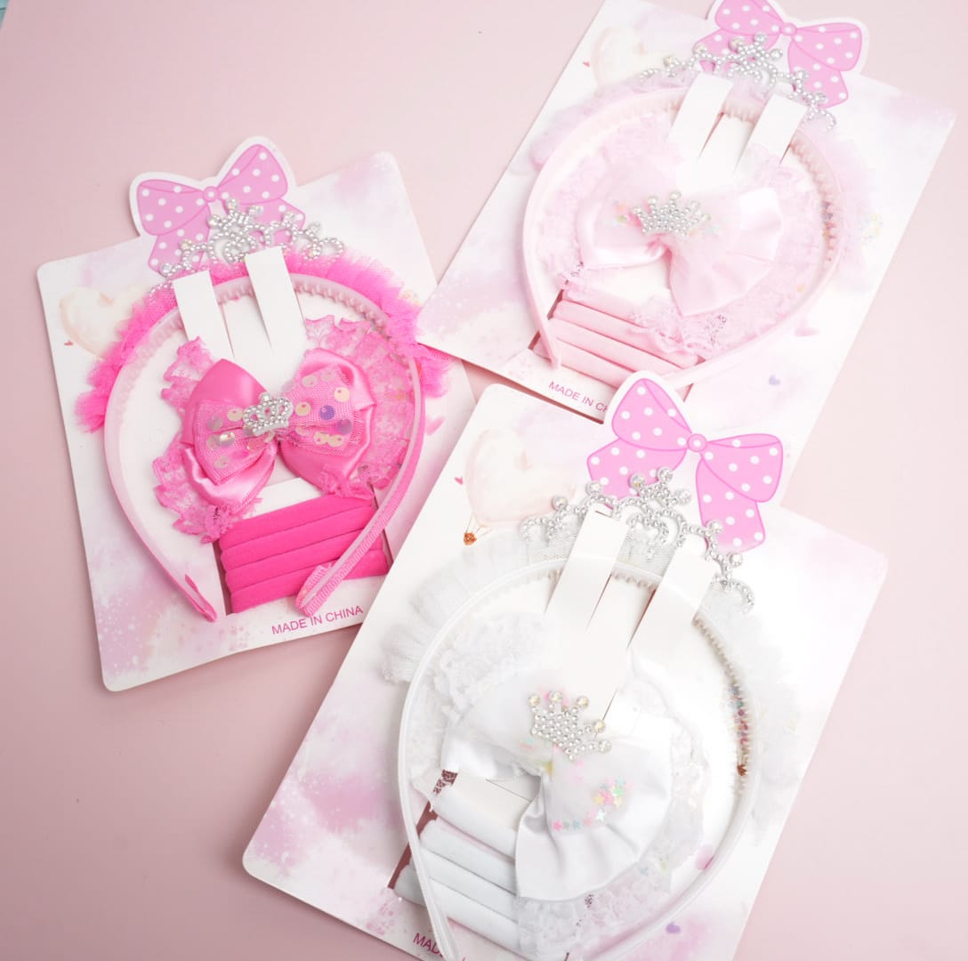 Pink Bow & Crown Hair Accessories Set