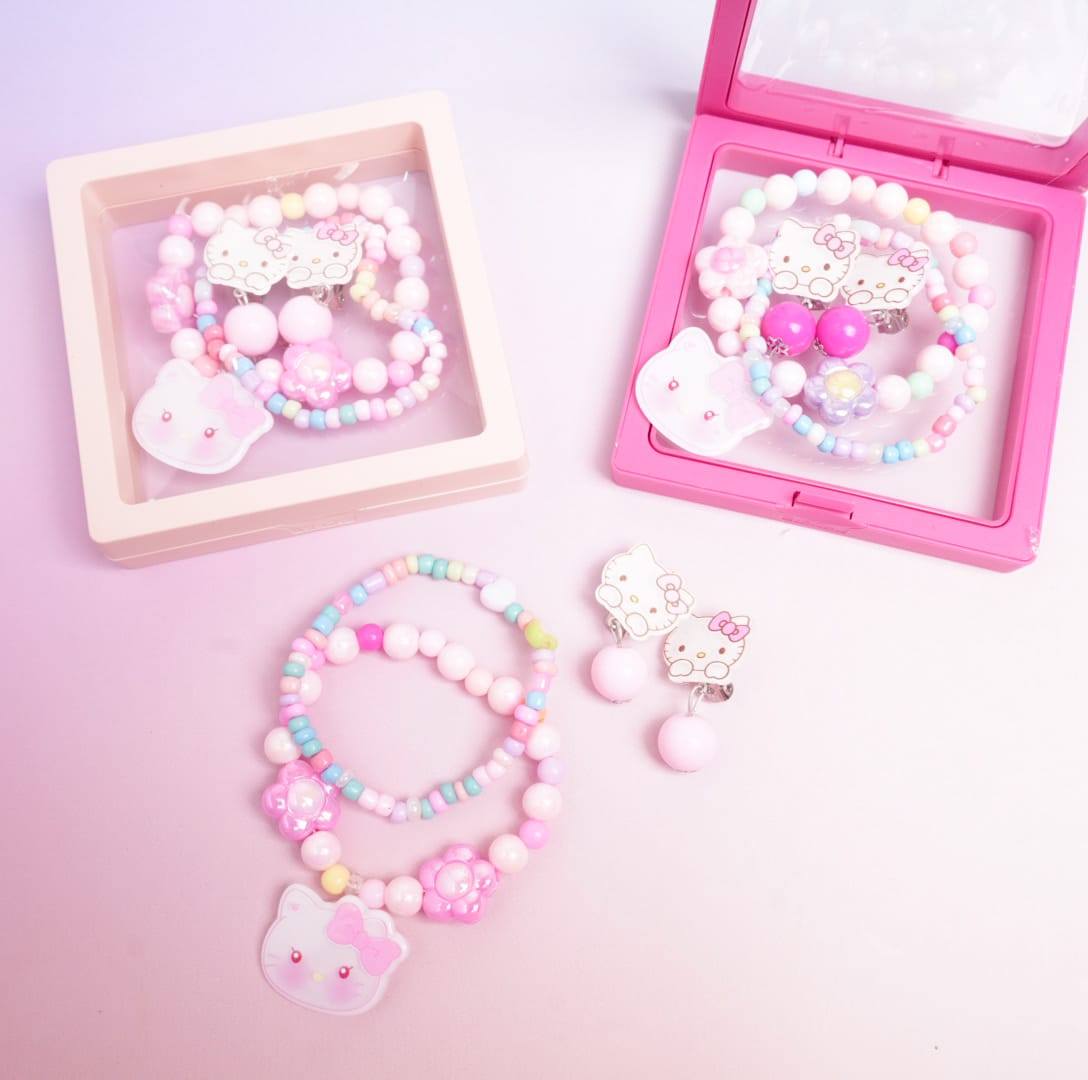 Bow Cat& Flower Beaded Pearls - Box Jewelry Set