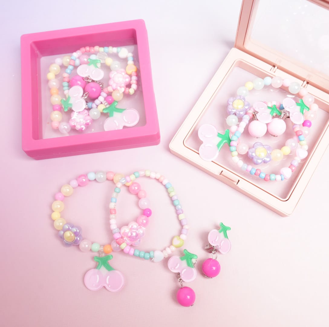 Cherry Fruit & Flower Beaded Pearls - Box Jewelry Set