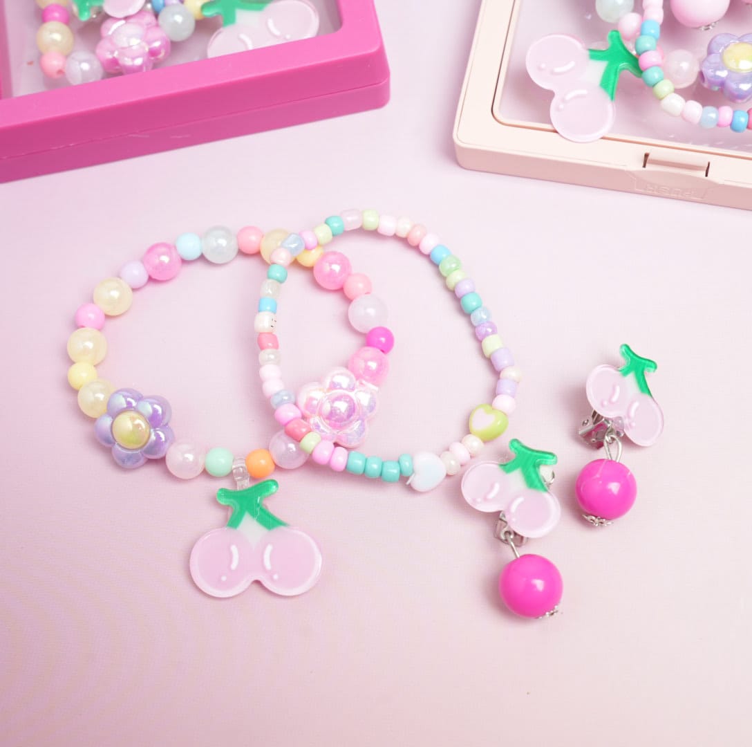 Cherry Fruit &amp; Flower Beaded Pearls - Box Jewelry Set