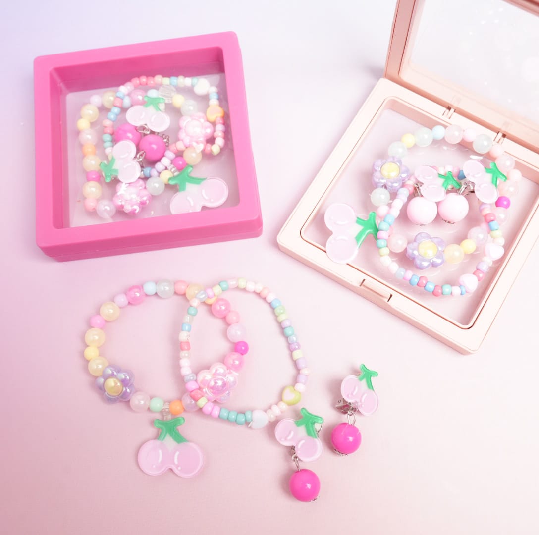 Cherry Fruit &amp; Flower Beaded Pearls - Box Jewelry Set