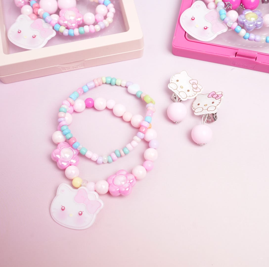 Bow Cat&amp; Flower Beaded Pearls - Box Jewelry Set