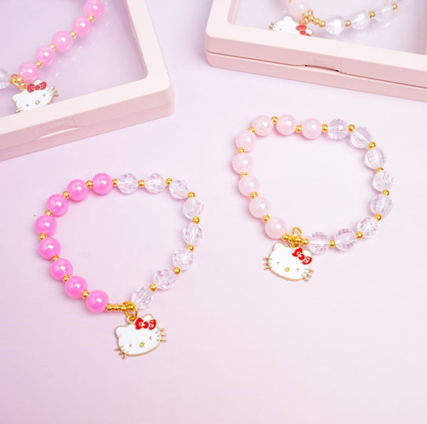 Bow White Cat Face Charm Beaded Pink Pearls - Bracelet