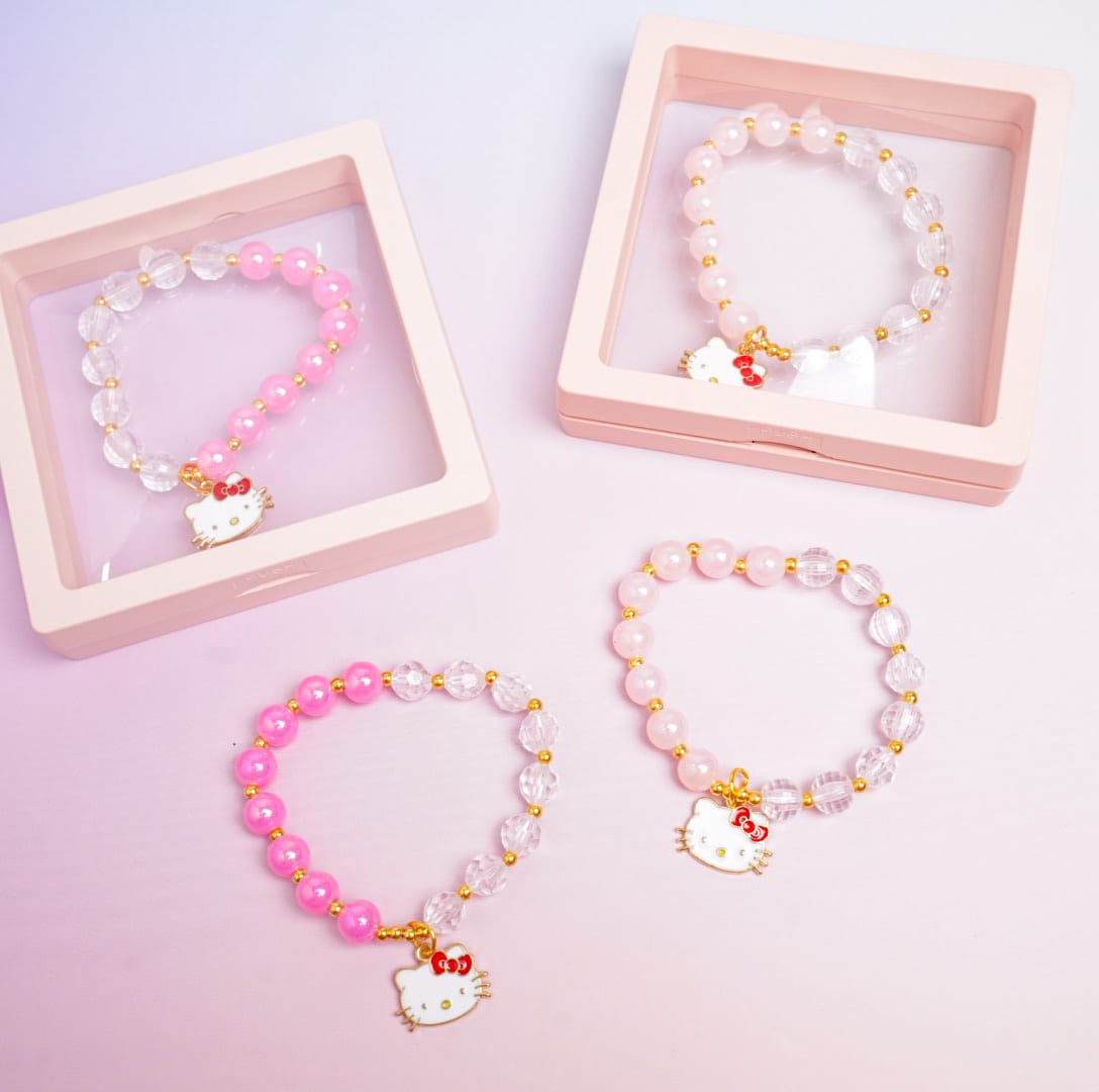 Bow White Cat Face Charm Beaded Pink Pearls - Bracelet