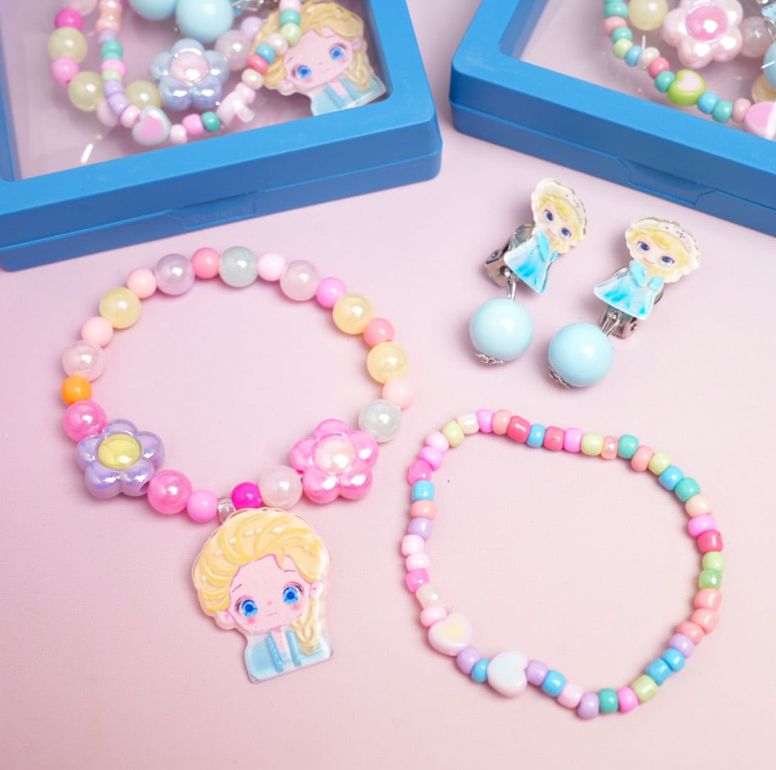 Frozen Princess Blue  &amp; Flower Beaded Pearls - Box Jewelry Set