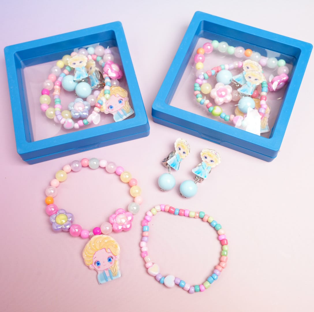 Frozen Princess Blue  &amp; Flower Beaded Pearls - Box Jewelry Set
