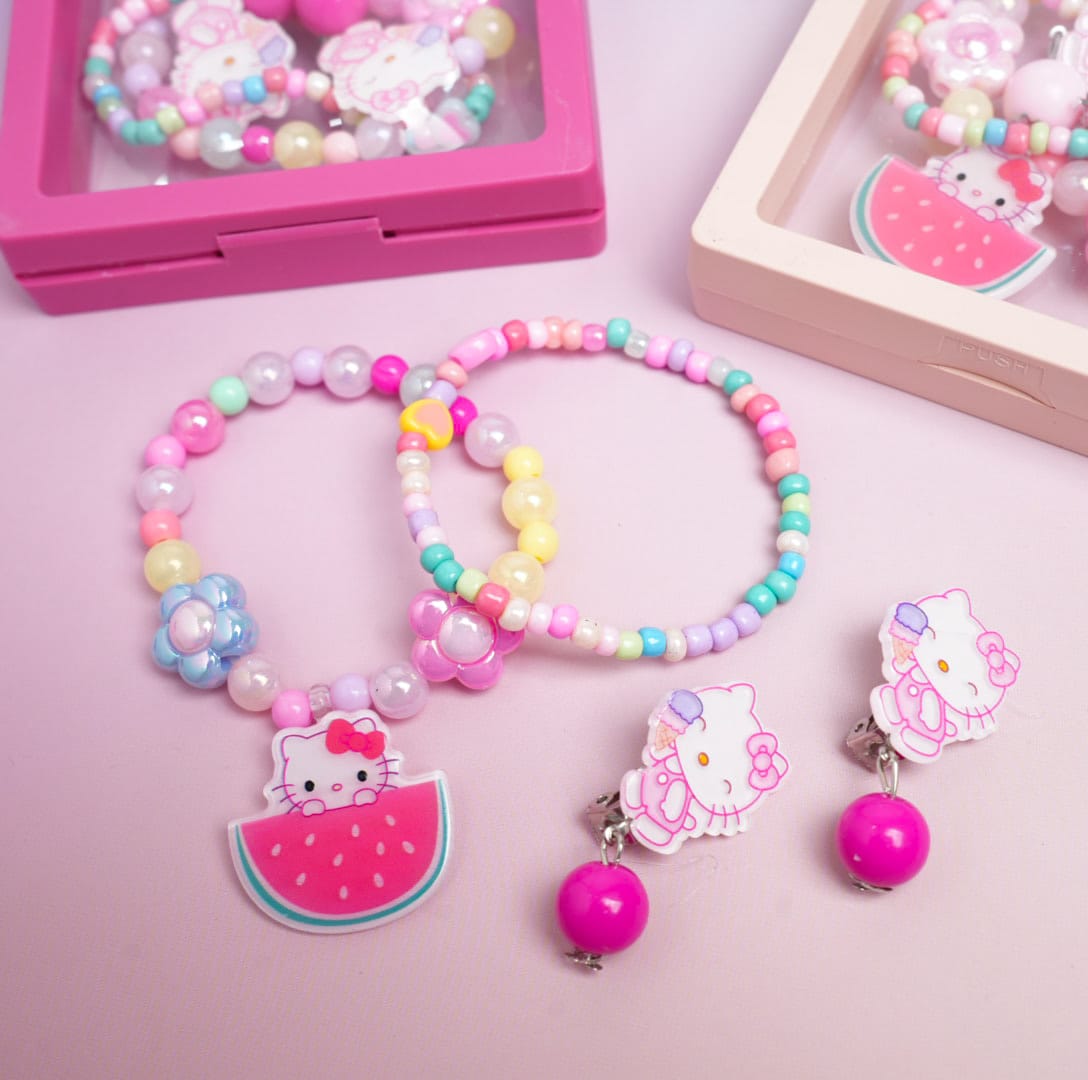 Watermelon Cat &amp; Flower Beaded Pearls - Box Jewelry Set