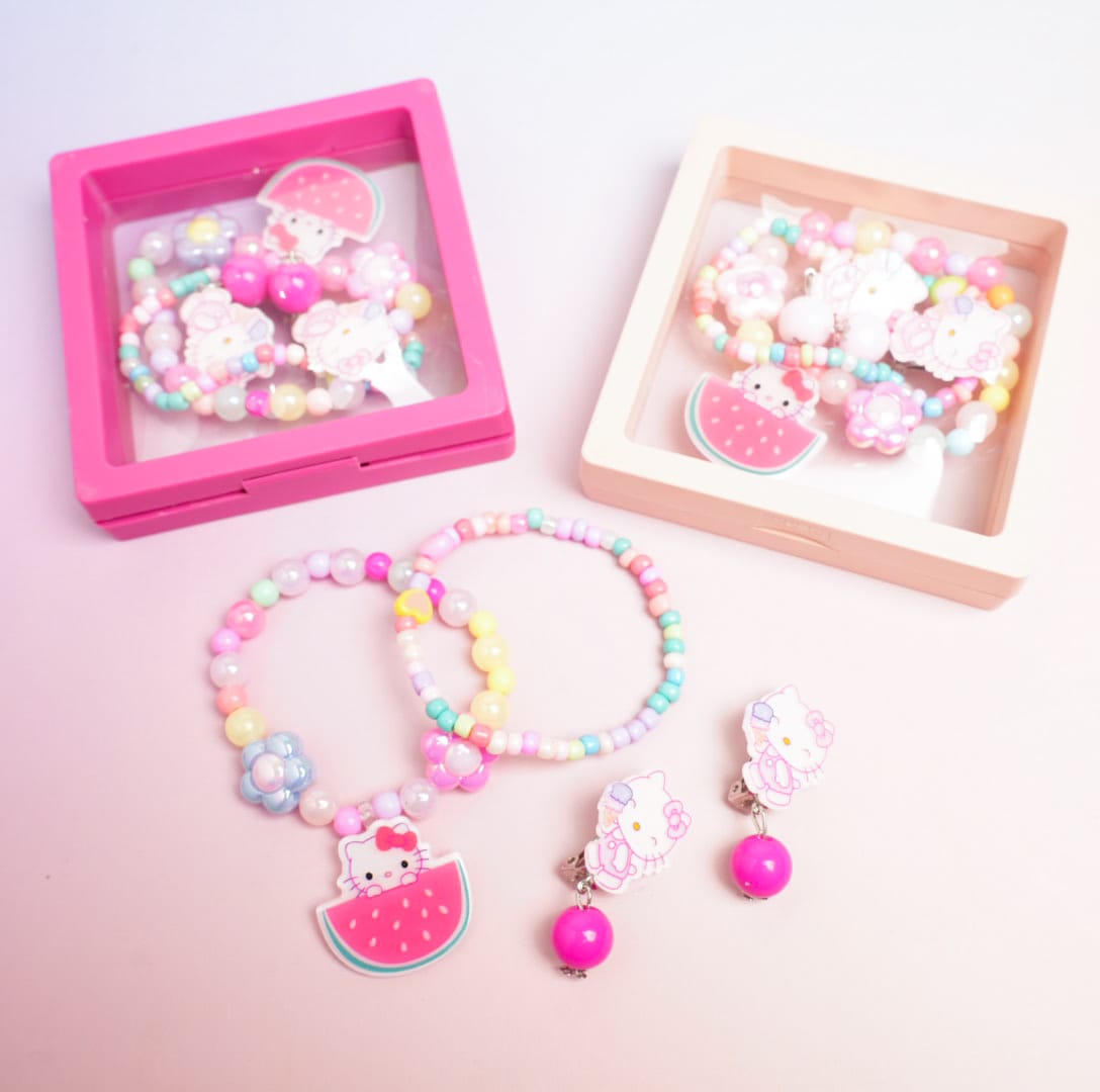 Watermelon Cat &amp; Flower Beaded Pearls - Box Jewelry Set