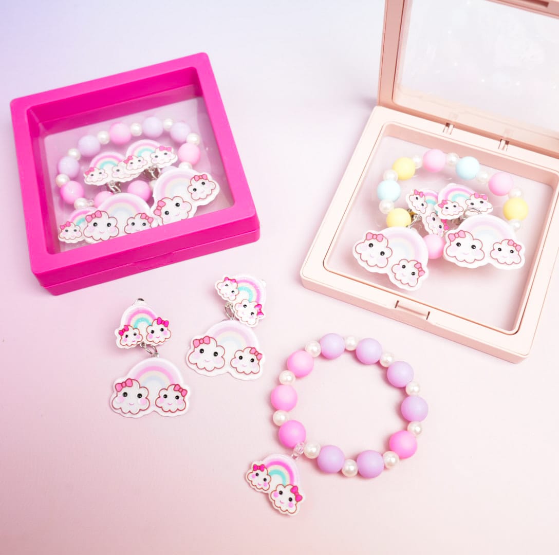 Cute Rainbow Bow Beaded Pearls - Box Jewelry Set