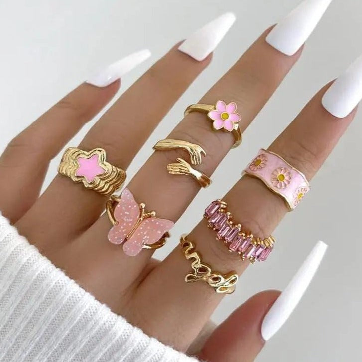 Daisy Pink Butterfly - Rings Set