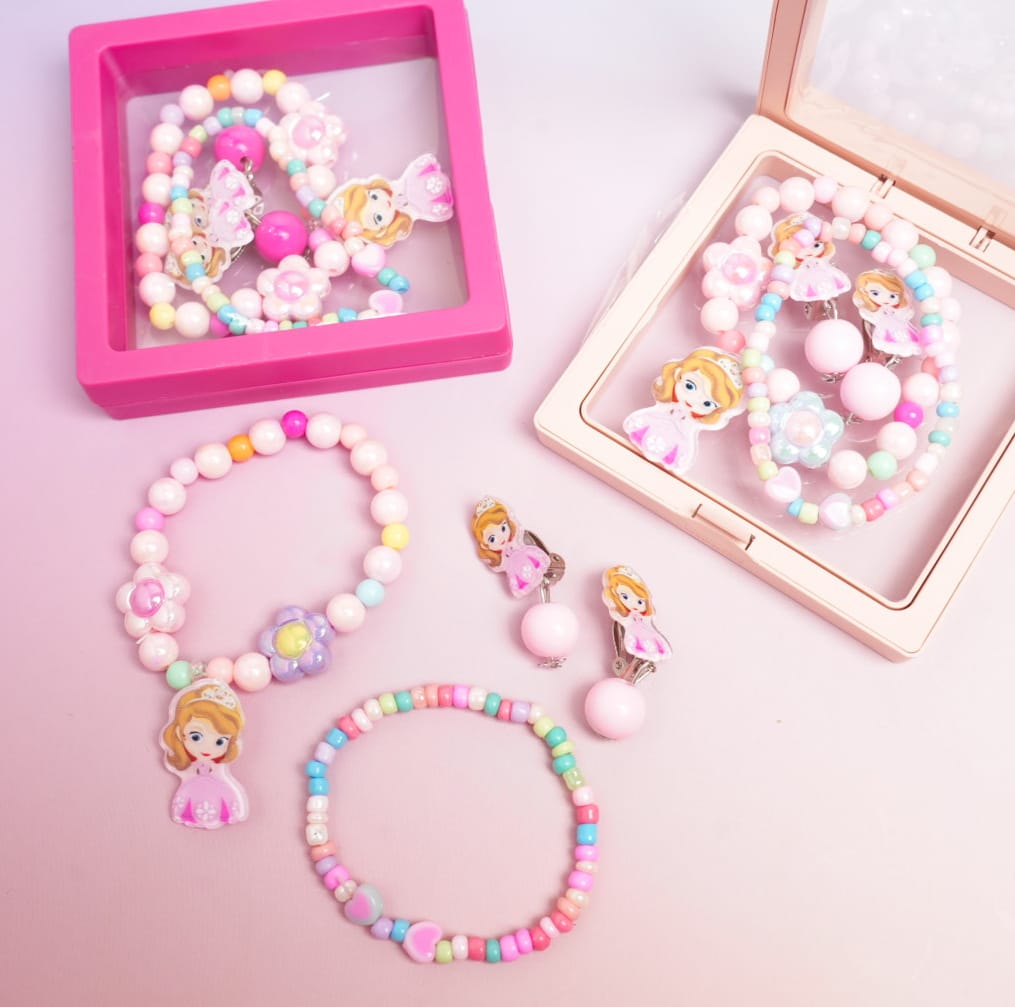 Sofia Princess Pink & Flower Beaded Pearls - Box Jewelry Set