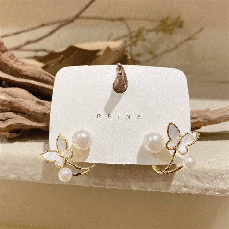 White Pearl & Butterfly Gold  - Earring