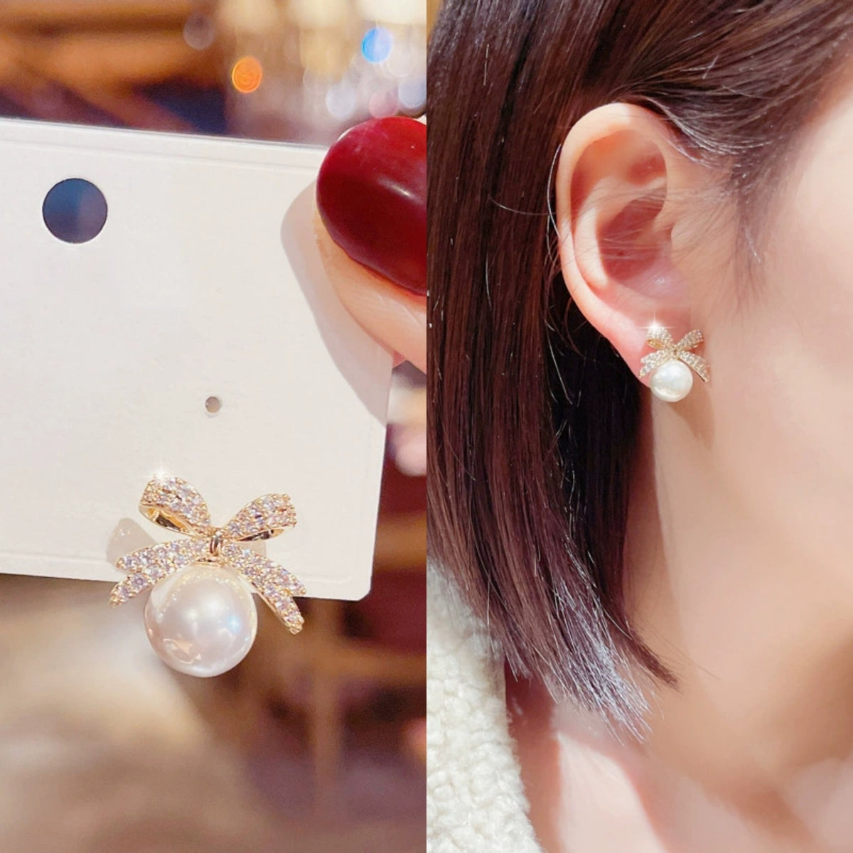 Blingy Bow Pearl - Ear Studs