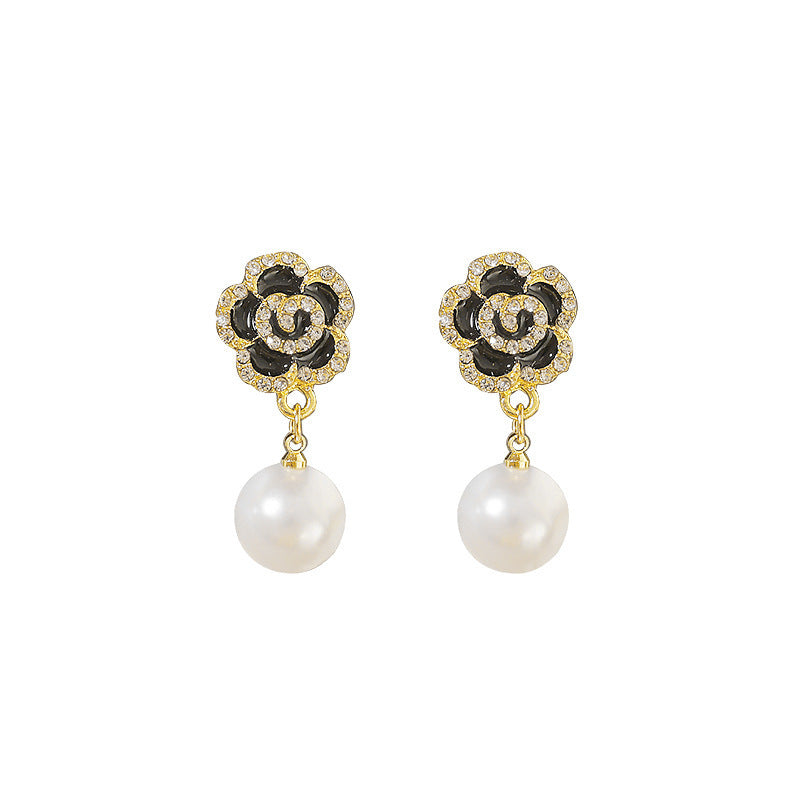 Pearl &amp; Black Flower - Earrings