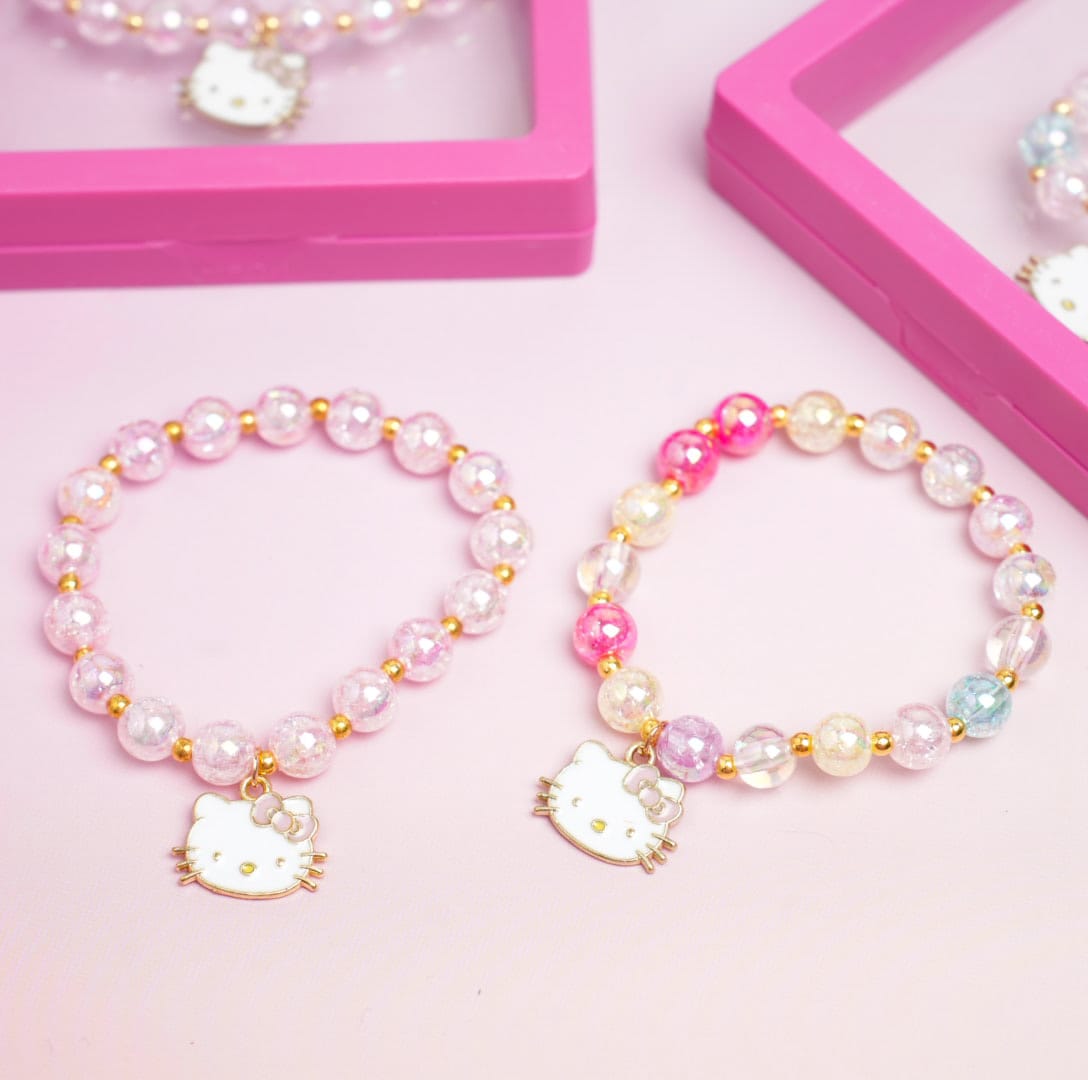 Bow Kitty Face Charm Beaded Pearls - Bracelet