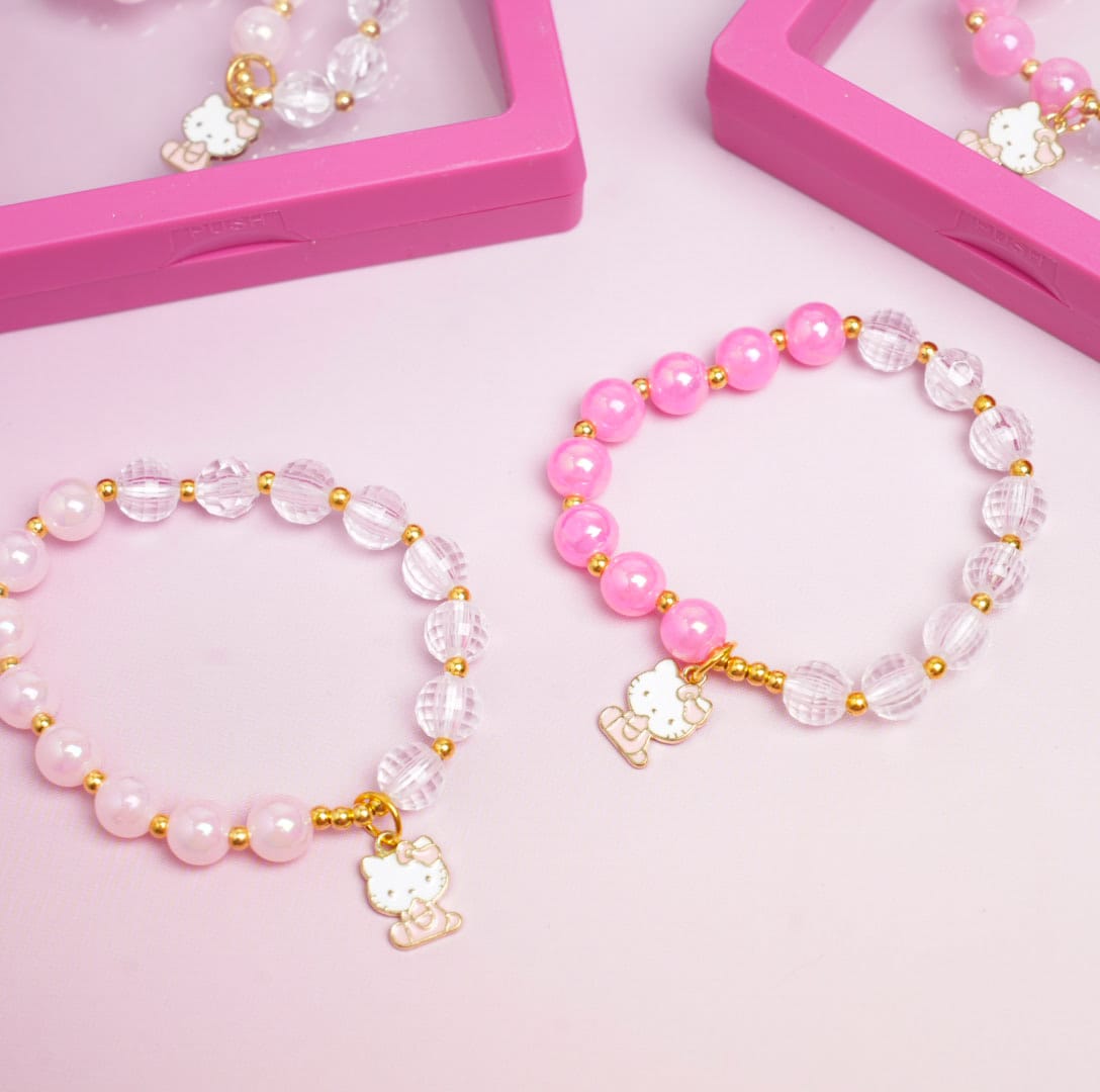 Bow Kitty Charm Beaded Pearls - Bracelet